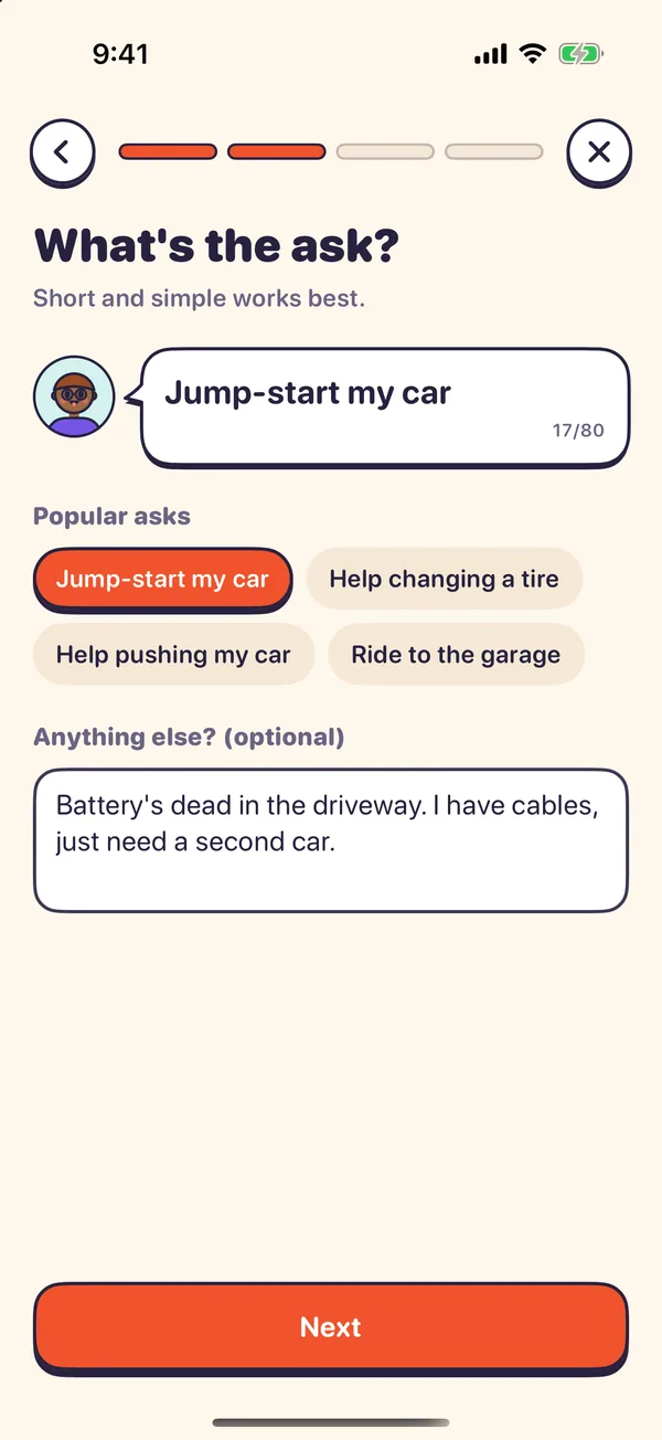 Asking for help: a short ask like βJump-start my carβ, with popular asks to tap
