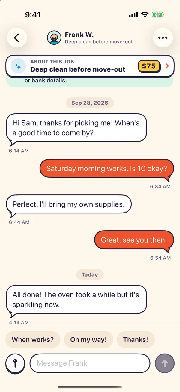 A private chat that opens once a helper is picked