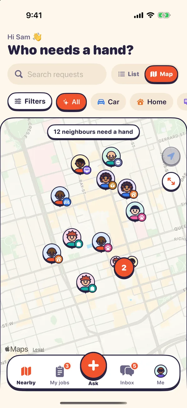 A map of neighbours who need a hand nearby, with faces and no addresses