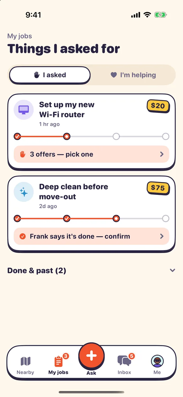 My jobs: your asks and the jobs you are helping with, each showing where it is up to