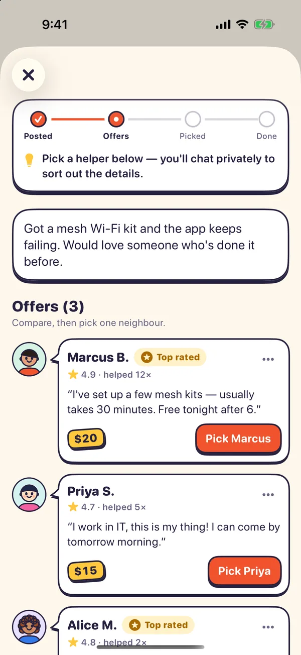 Three offers compared side by side, with ratings, notes and prices, and a Pick button on each