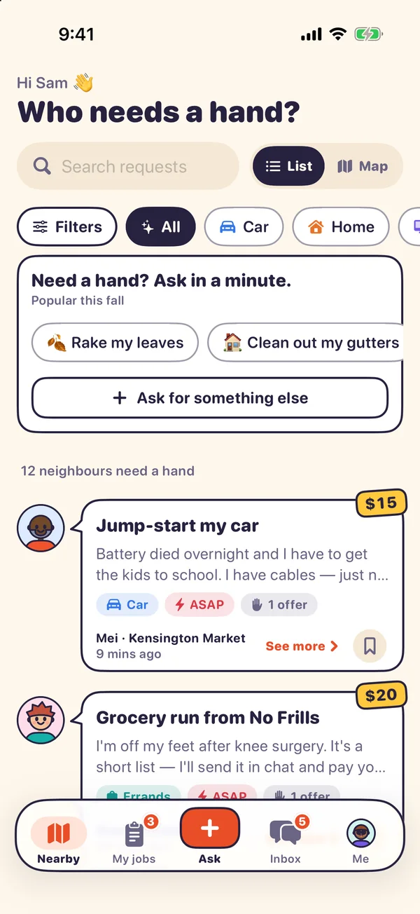 Neighbr 3.0 on iPhone: Who needs a hand? with quick asks like Rake my leaves, then nearby requests with prices
