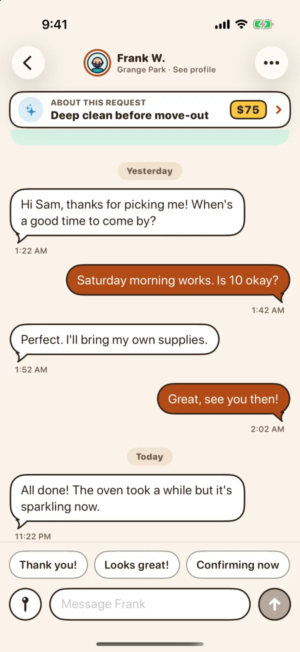 A private chat with the picked helper about a deep clean, with quick replies like Thank you! and Looks great!