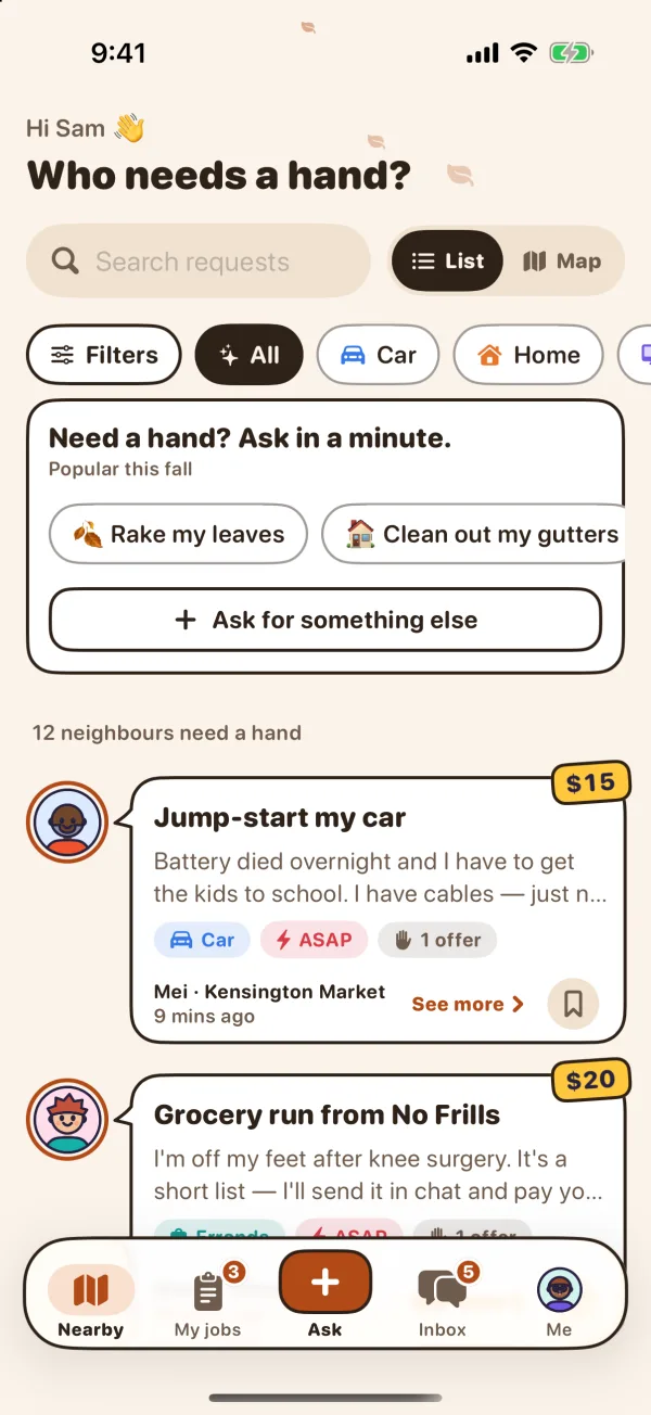Neighbr 3.0 on iPhone: Who needs a hand? with quick asks like Rake my leaves, then nearby requests with prices
