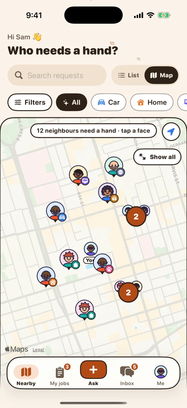 A map of neighbours who need a hand nearby, shown as faces in rough areas, never addresses