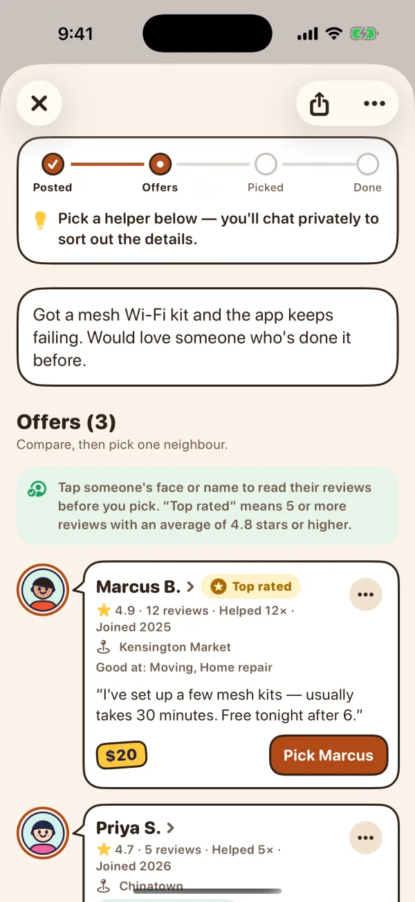 Offers compared: a progress bar from Posted to Done, then each neighbour’s rating, reviews, how often they’ve helped, what they’re good at, their note and price, with a button to pick them