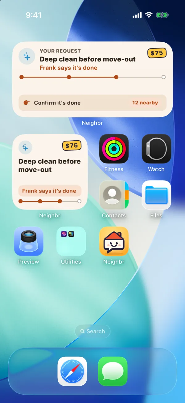 Neighbr widgets on the iPhone Home Screen: a request’s progress, “Frank says it’s done” and a Confirm it’s done button