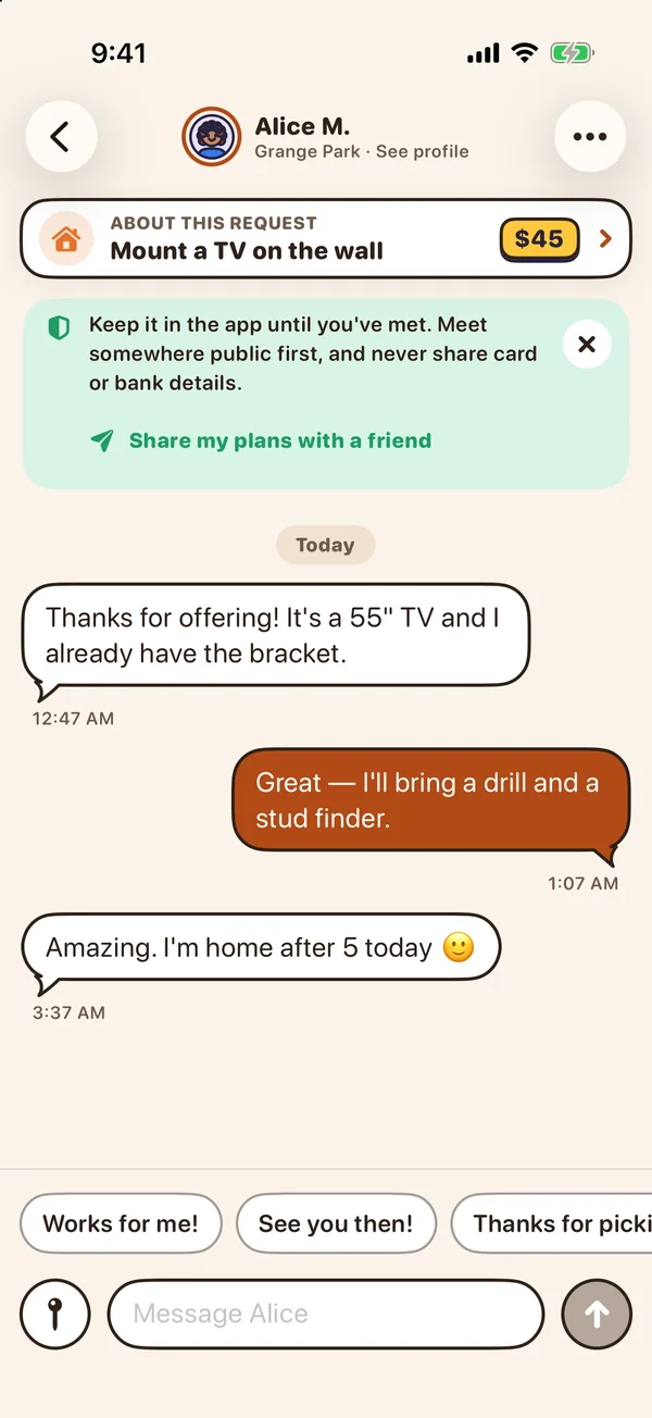 A private chat with the picked neighbour about mounting a TV, a reminder to keep it in the app until you’ve met, and suggested replies like Works for me!