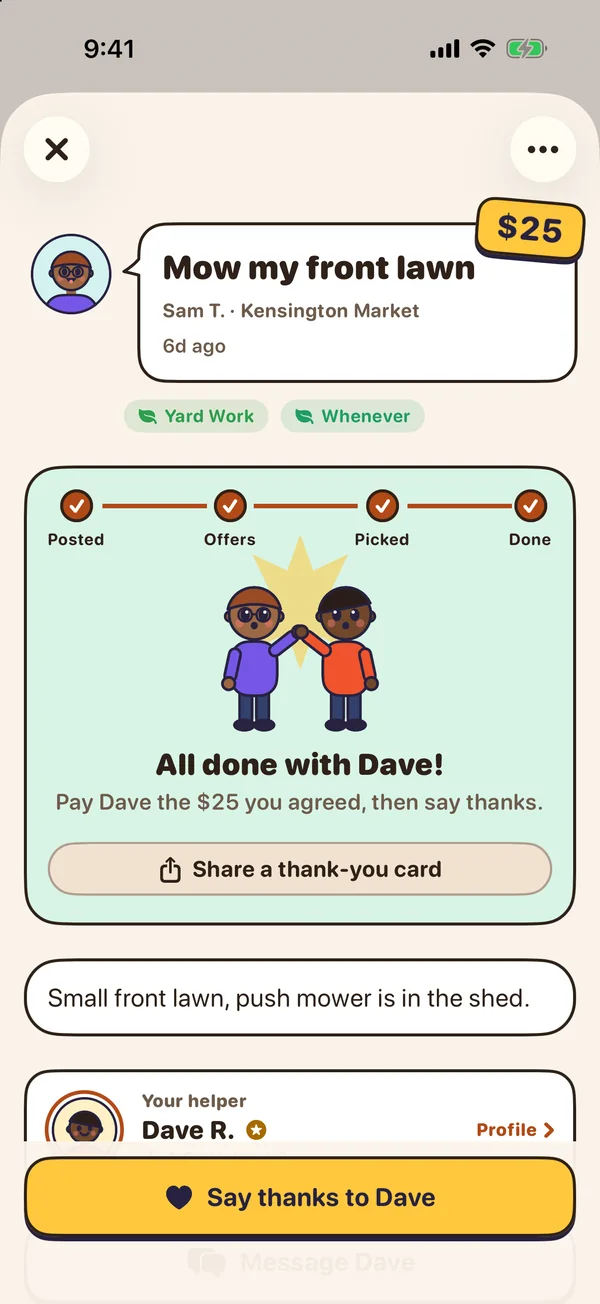 All done with Dave: a high-five, a reminder to pay Dave the $25 you agreed, a Share a thank-you card button and Say thanks to Dave
