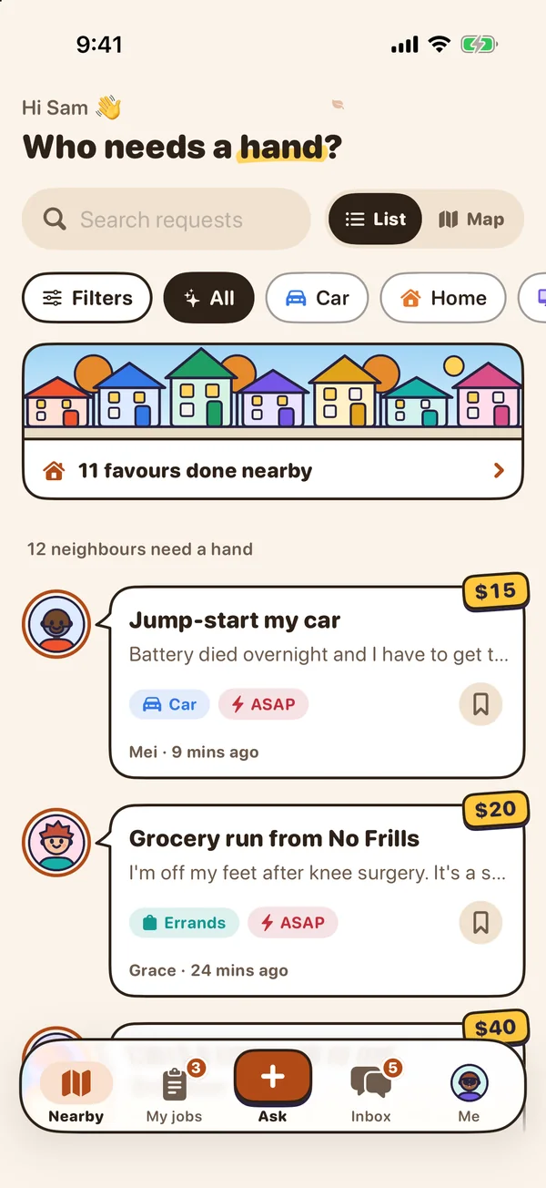 Neighbr’s Nearby screen: “Who needs a hand?”, a little street showing 11 favours done nearby, then requests with prices like Jump-start my car ($15) and a grocery run ($20)