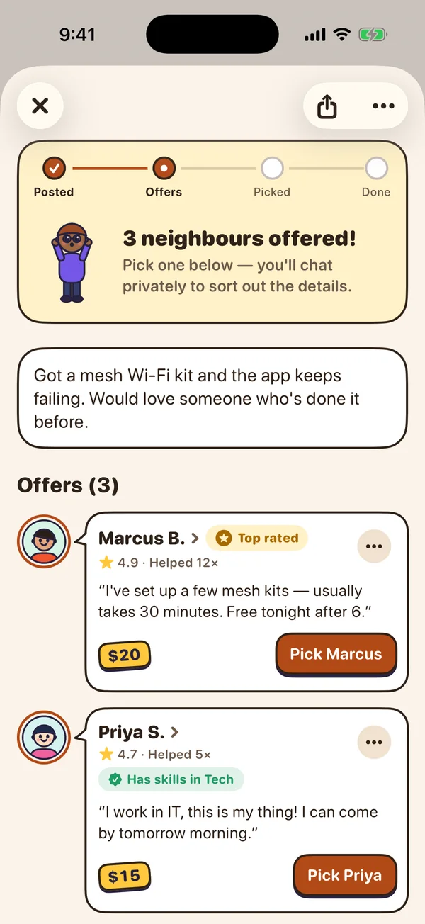 Offers on a request: three neighbours offered, each with their rating, how often they’ve helped, a short note and a price, and a button to pick them