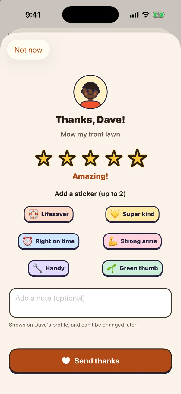 Saying thanks: five stars and thank-you stickers like Lifesaver, Super kind, Right on time, Strong arms, Handy and Green thumb