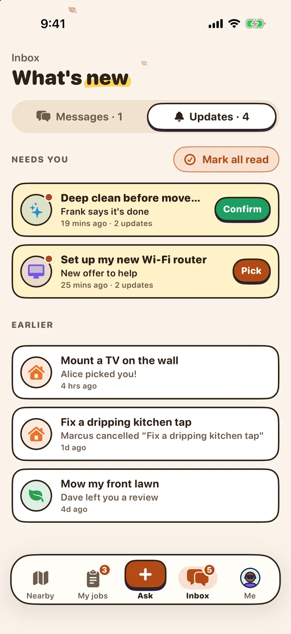 Updates as a to-do list: one row per request with the next step on it, like Confirm when a helper says it’s done or Pick a new offer