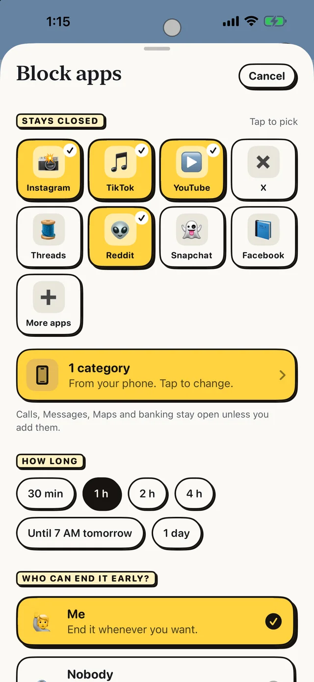 Reset on iPhone — picking the apps that stay closed and who can end the block early
