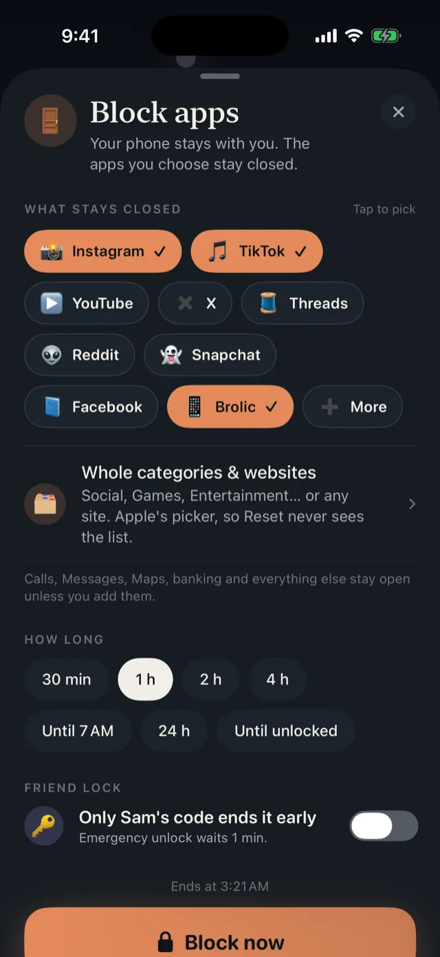The Reset block composer with Instagram, TikTok and a custom app selected as chips, length options, and the friend lock toggle.