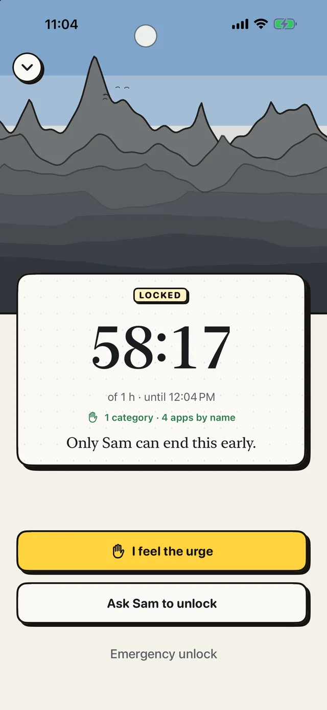 A running block in Reset: a Locked label, a large countdown, and the line 'Only Sam can end this early.' with buttons for I feel the urge and Ask Sam to unlock.