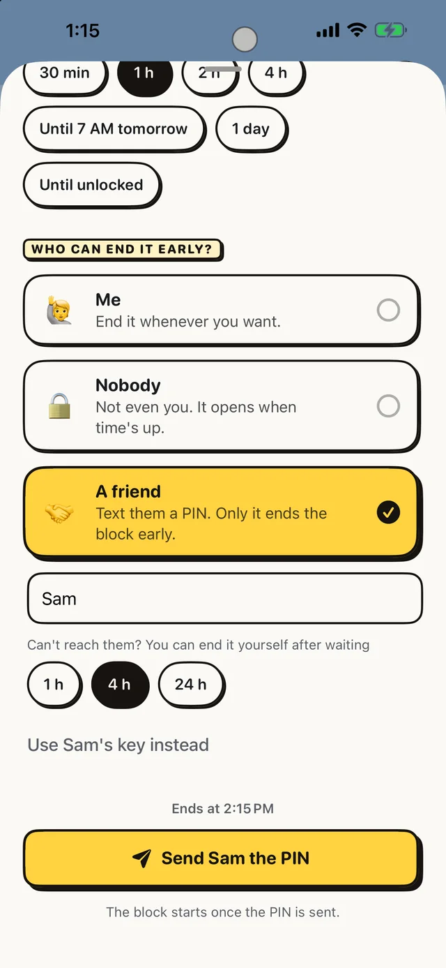 Choosing who can end a block early in Reset: Me, Nobody, or a friend with a one-time PIN