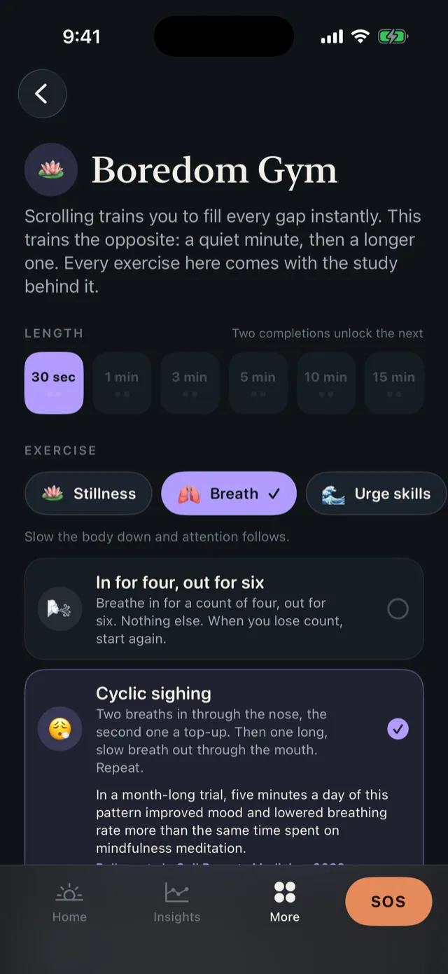 The Reset Boredom Gym screen showing length rungs, exercise groups and an exercise expanded with the study behind it.