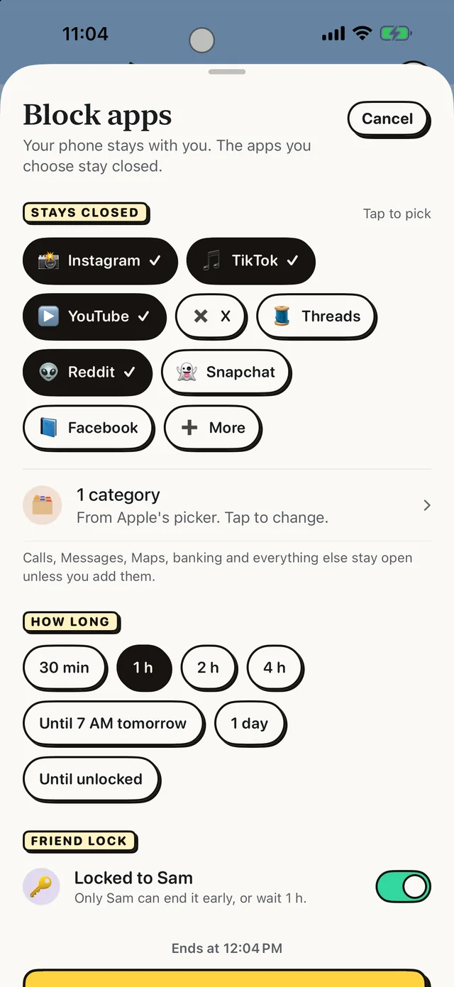 The Reset block composer: Instagram, TikTok, YouTube and Reddit selected, 1 h chosen, and Locked to Sam switched on.