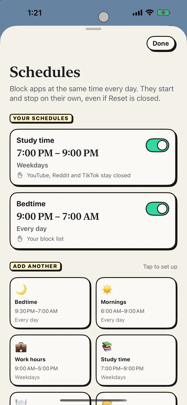 Reset schedules: Study time on weekdays with YouTube, Reddit and TikTok closed, and Bedtime every day