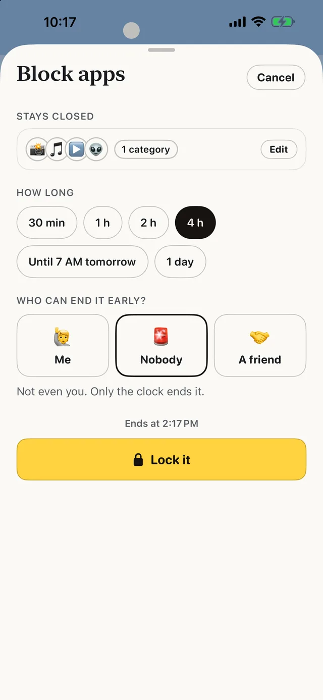 Block apps: 4 h chosen and Nobody picked under Who can end it early, with Me and A friend one tap away, and a Lock it button.
