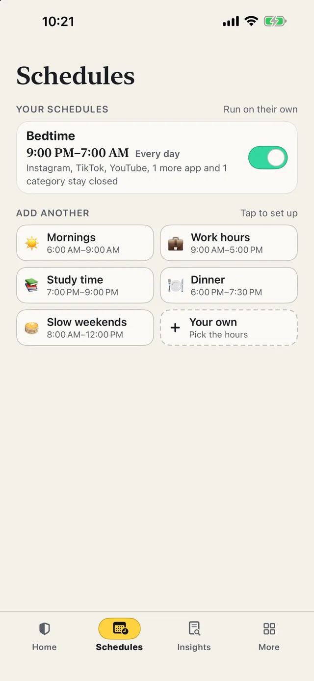 ScrollCop schedules: Bedtime 9 PM to 7 AM every day with Instagram, TikTok and YouTube closed, and quick ones to add — Mornings, Work hours, Study time, Dinner, Slow weekends.