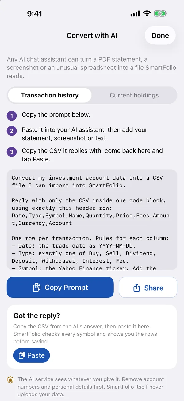 Convert with AI: copy the prompt, paste it into your own AI assistant with your statement, then paste the CSV back