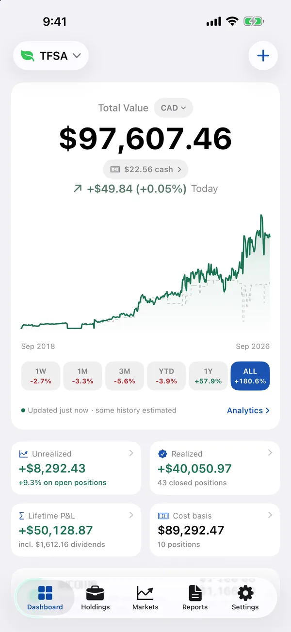 SmartFolio on iPhone — the dashboard: total value, returns and a chart back to 2018