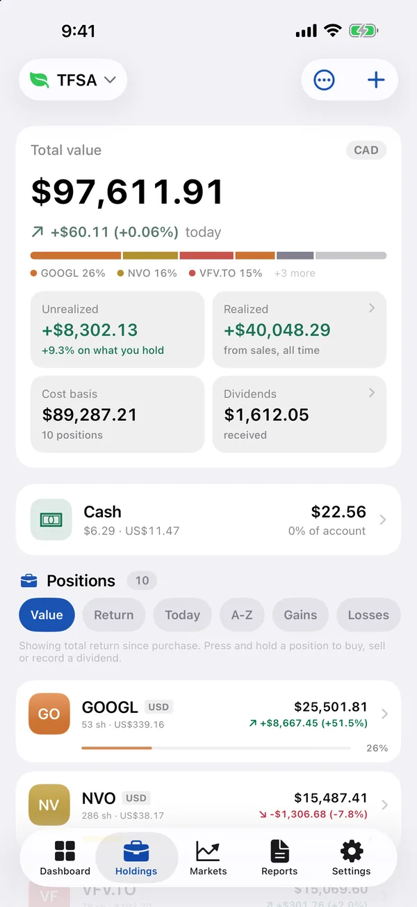 Holdings: total value with an allocation bar, and each position with its live price and weight