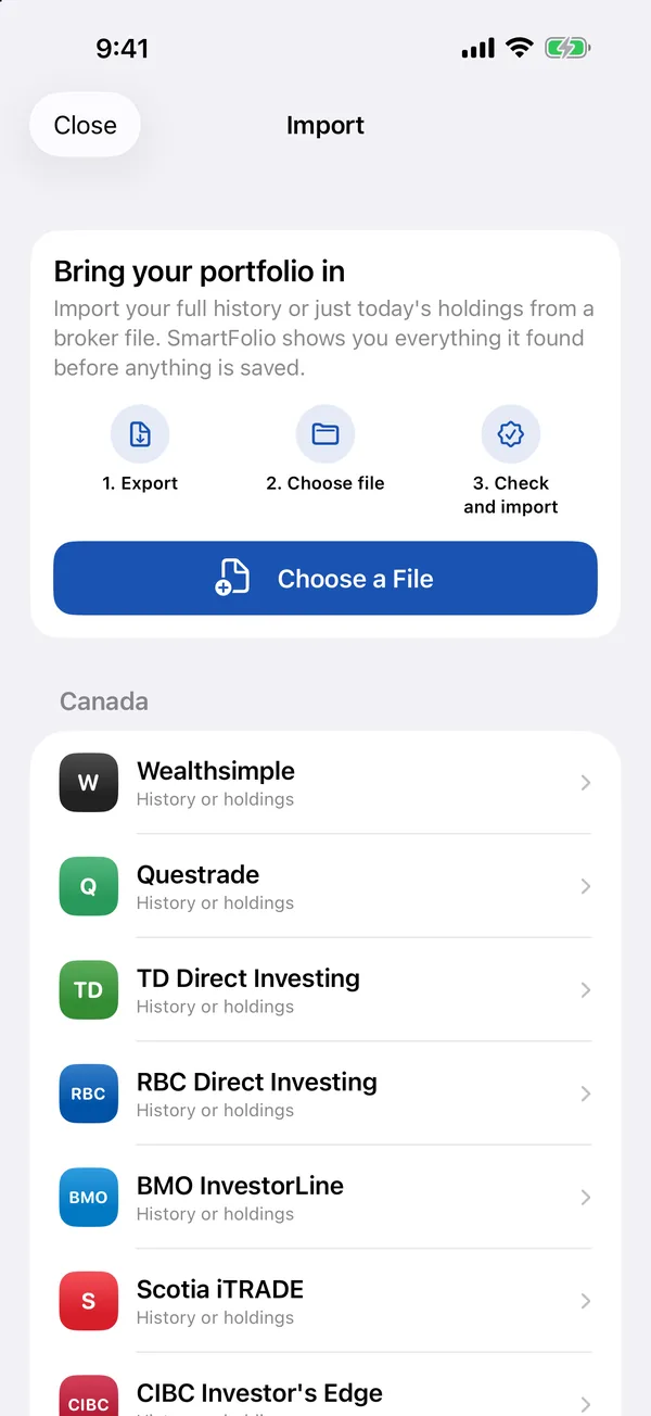 Import from your broker: three steps, then a list of Canadian brokers such as Wealthsimple, Questrade and TD