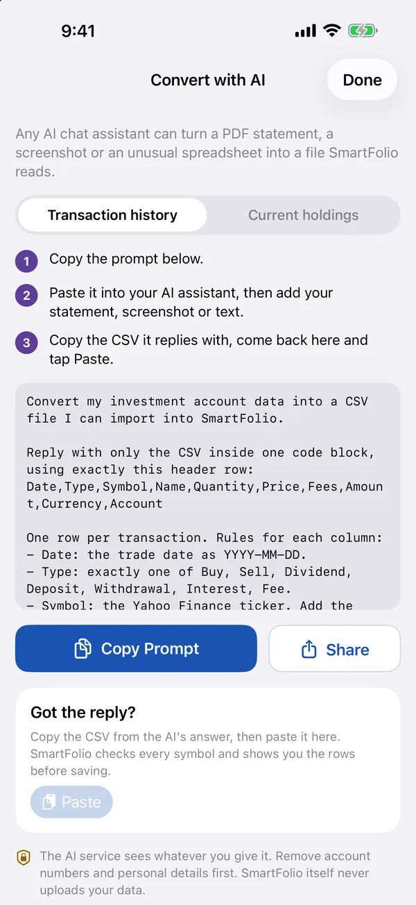 Convert with AI: copy the prompt, paste it into your own AI assistant with your statement, then paste the CSV back