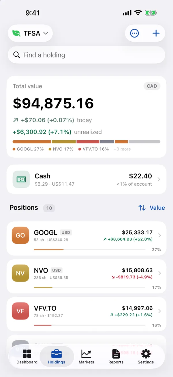 Holdings: total value with an allocation bar, and each position with its live price and weight