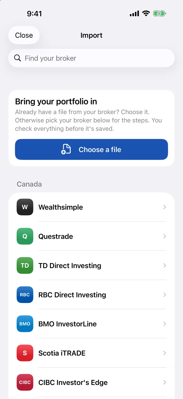 Import from your broker: search for yours by name, or pick from Canadian brokers such as Wealthsimple, Questrade and TD