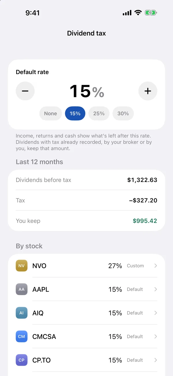 Dividend tax: one default rate for every stock, what you kept after tax over the last 12 months, and a custom rate on a single stock