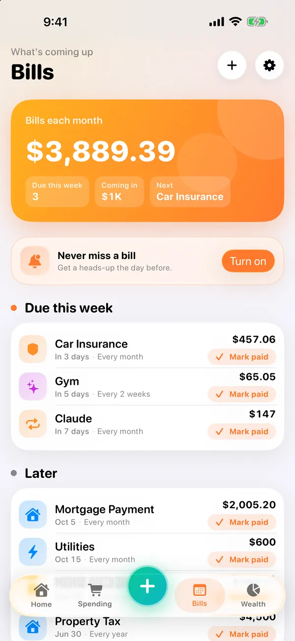 VaultFlow Bills: bills each month, what is due this week and later, each with a Mark paid button