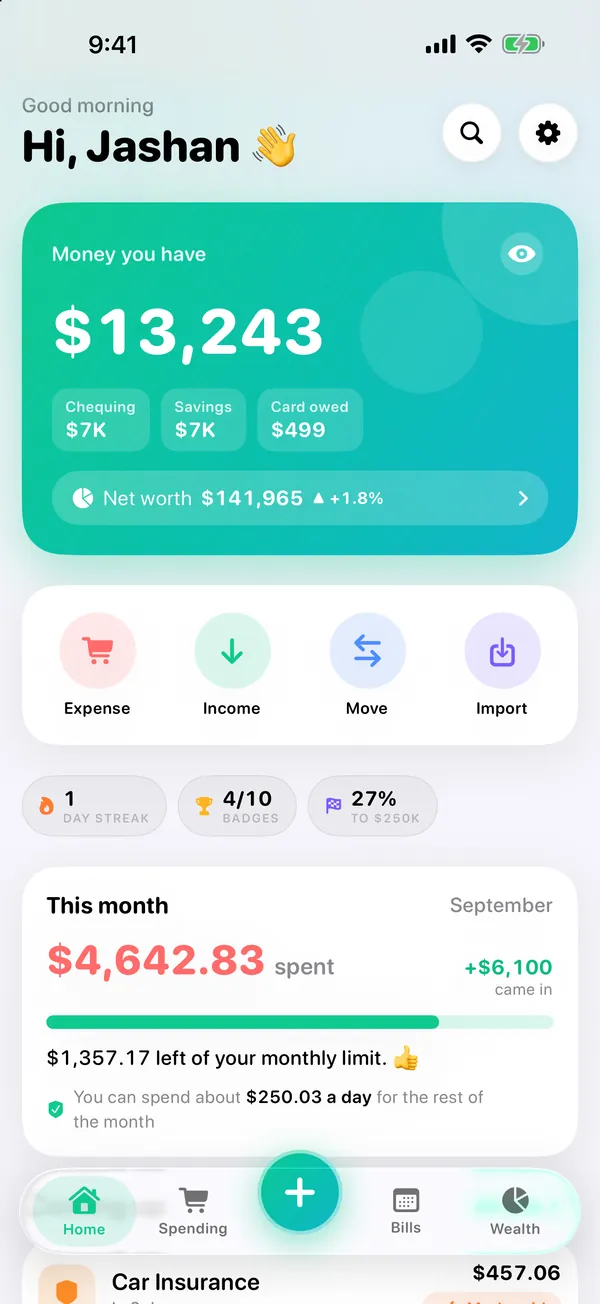 VaultFlow on iPhone — Home: money you have, spending this month and what’s due