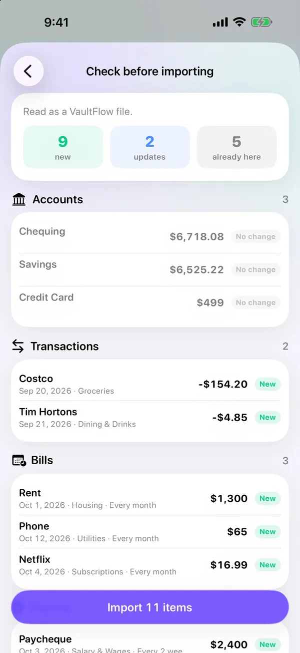 Checking a bank statement before importing: new items, updates and duplicates already there, across accounts, transactions and bills