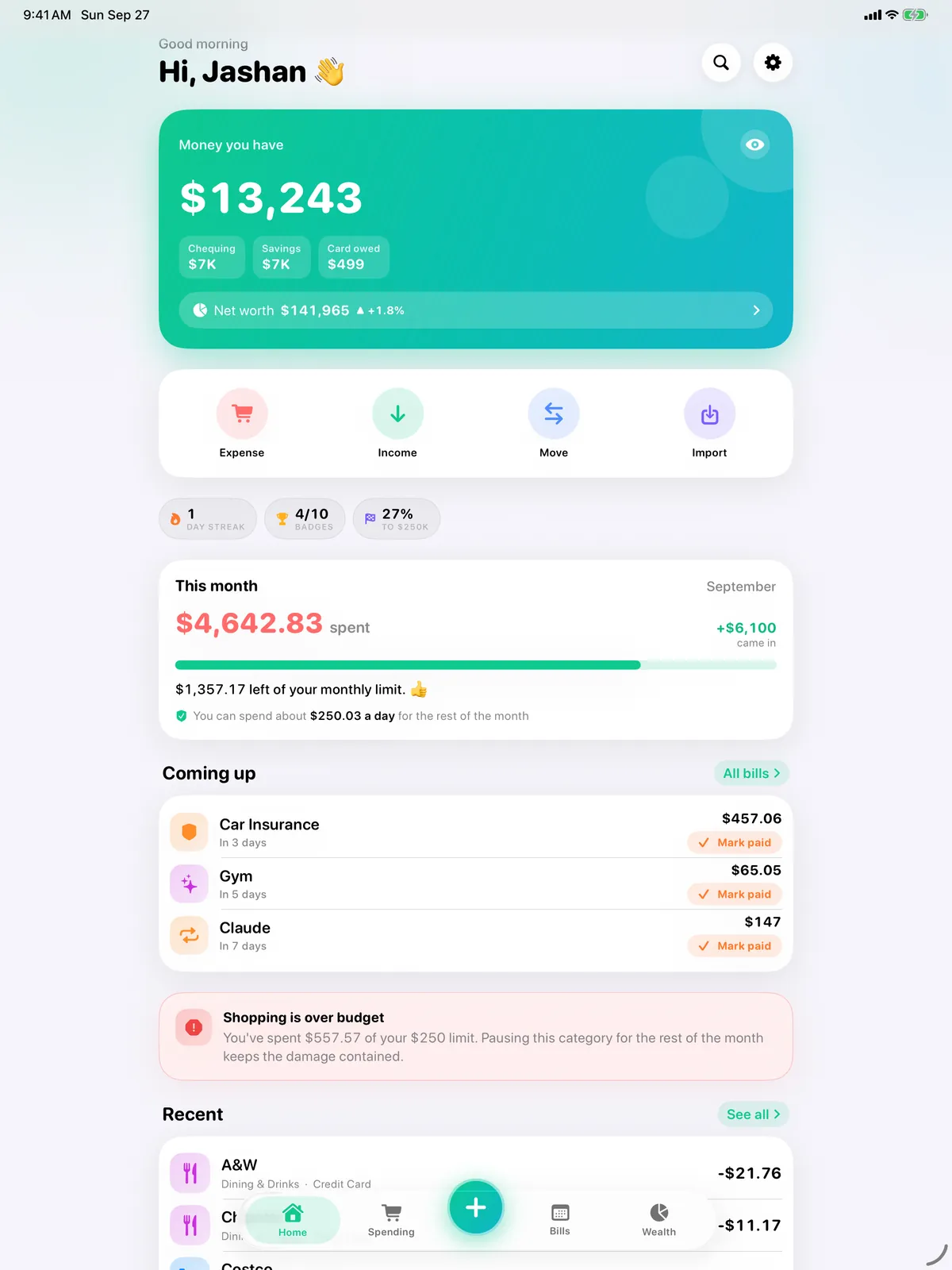 VaultFlow on iPad: the Home screen with money you have, spending and what's due