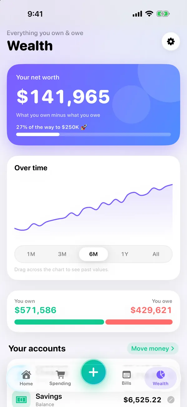 VaultFlow Wealth: net worth with a chart over time, what you own and owe, and your accounts with Move money
